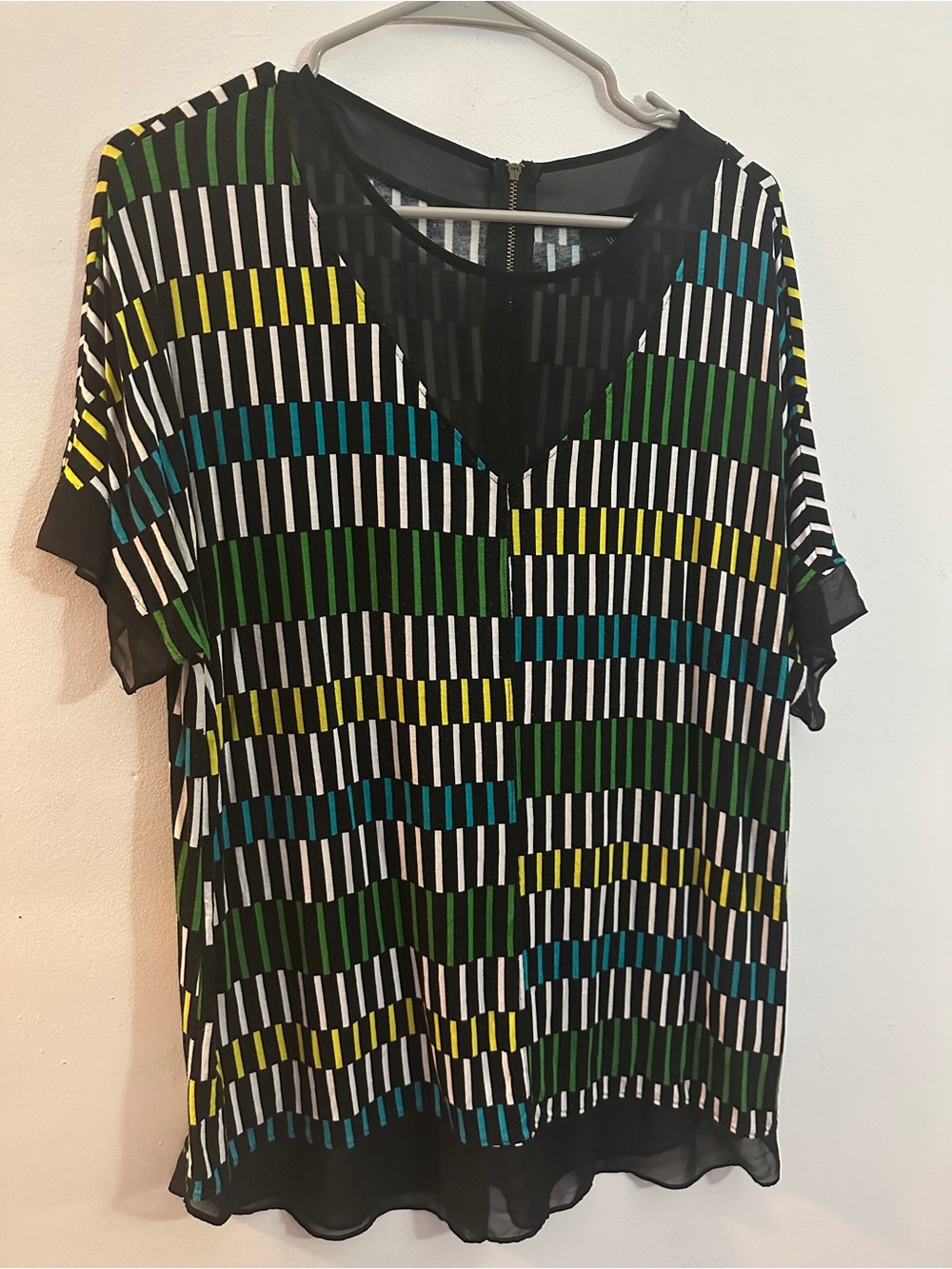 Worthington Black V-Neck Blouse with Green, Teal & Yellow Stripes